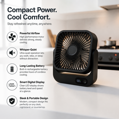 MagCool™ Portable Magnetic Desk Fan – 5000mAh Rechargeable USB-C Fan with 5 Speeds, LED Display & Strong Magnetic Base