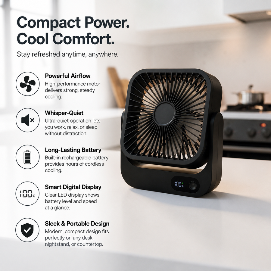 MagCool™ Portable Magnetic Desk Fan – 5000mAh Rechargeable USB-C Fan with 5 Speeds, LED Display & Strong Magnetic Base