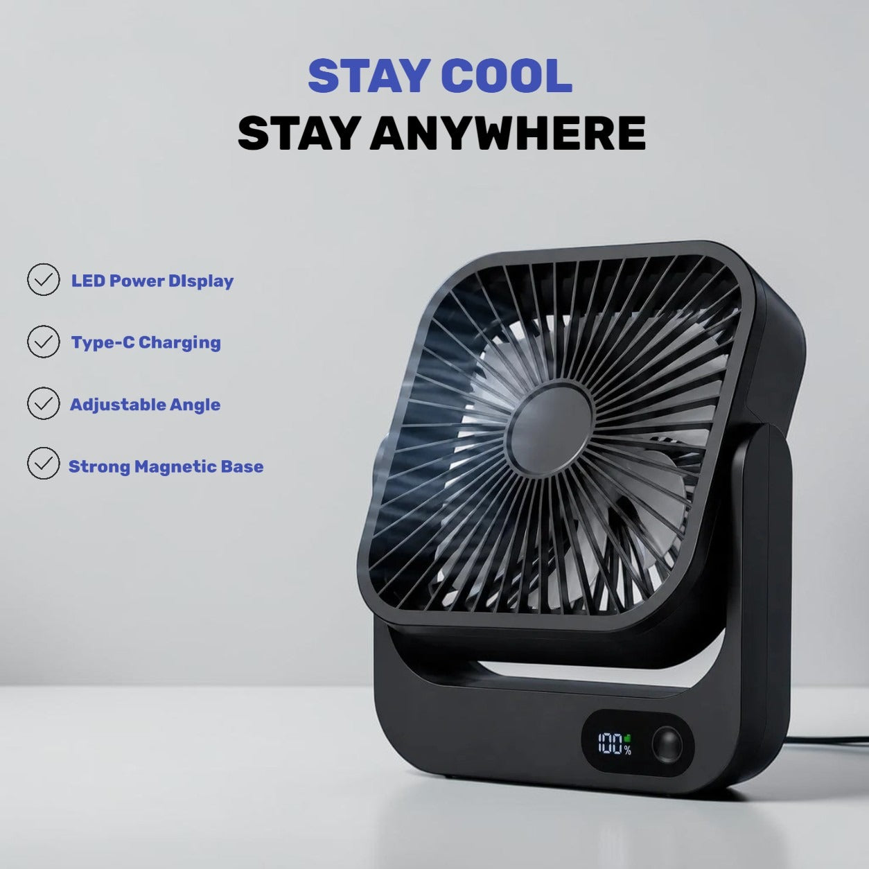 MagCool™ Portable Magnetic Desk Fan – 5000mAh Rechargeable USB-C Fan with 5 Speeds, LED Display & Strong Magnetic Base