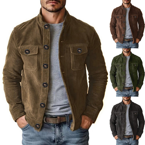 Vintage Single-Breasted Faux Suede Jacket — Men's Casual Biker-Style Top