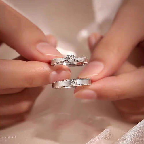 1 Pair 999 Sterling Silver Diamond Heart & Square Couple Rings, Minimalist Romantic Style, Perfect For Daily Wear & Valentine's Gifts