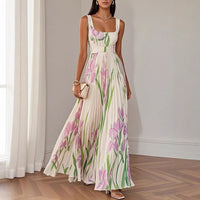 Floral Print Pleated Dress Summer A-Line Sleeveless Midi Dresses Women's Clothing