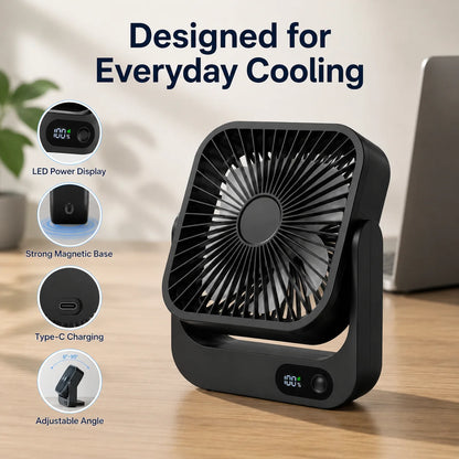 Portable Magnetic Desk Fan 5000mAh Rechargeable & Plug-in, 5-Speed Quiet Cooling Fan with LED Display, Strong Magnetic Base, USB Type-C Charging, 5–12H Battery Life, Compact Travel Fan for Cruise Ship, Bedroom, Office, Camp