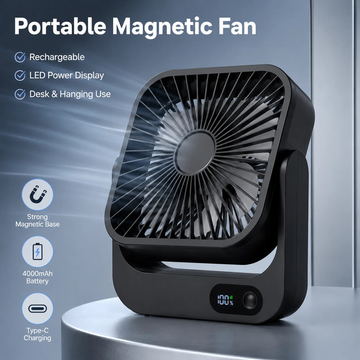Portable Magnetic Desk Fan 5000mAh Rechargeable & Plug-in, 5-Speed Quiet Cooling Fan with LED Display, Strong Magnetic Base, USB Type-C Charging, 5–12H Battery Life, Compact Travel Fan for Cruise Ship, Bedroom, Office, Camp