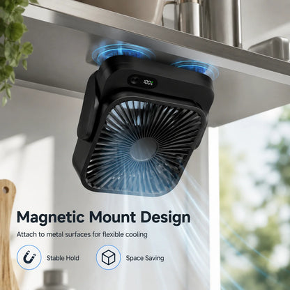 Portable Magnetic Desk Fan 5000mAh Rechargeable & Plug-in, 5-Speed Quiet Cooling Fan with LED Display, Strong Magnetic Base, USB Type-C Charging, 5–12H Battery Life, Compact Travel Fan for Cruise Ship, Bedroom, Office, Camp
