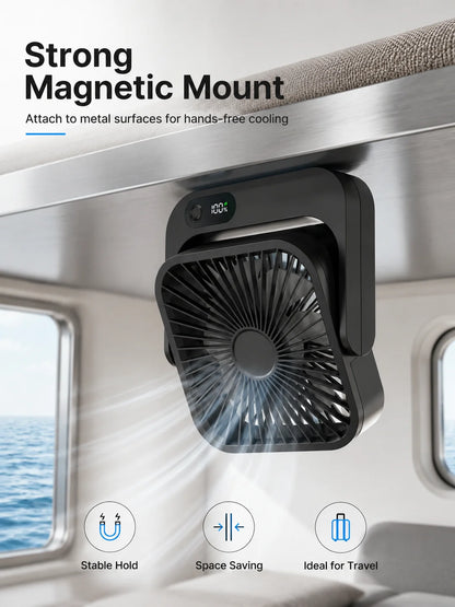 Portable Magnetic Desk Fan 5000mAh Rechargeable & Plug-in, 5-Speed Quiet Cooling Fan with LED Display, Strong Magnetic Base, USB Type-C Charging, 5–12H Battery Life, Compact Travel Fan for Cruise Ship, Bedroom, Office, Camp