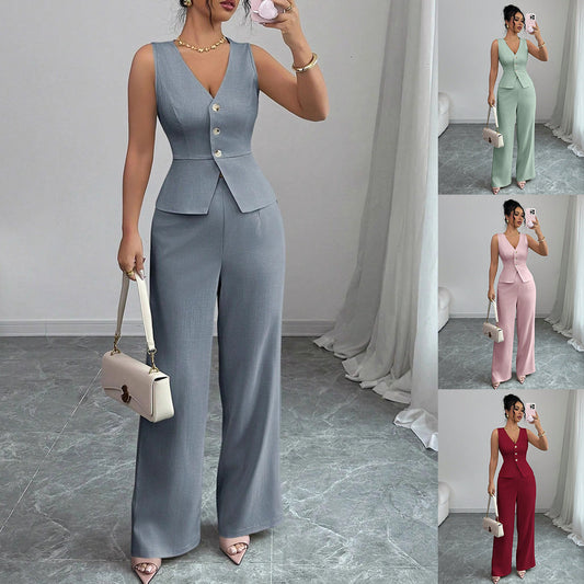 Summer Sleeveless Suit Slim V-neck Vest And High Waist Trousers Women's Two-piece Set