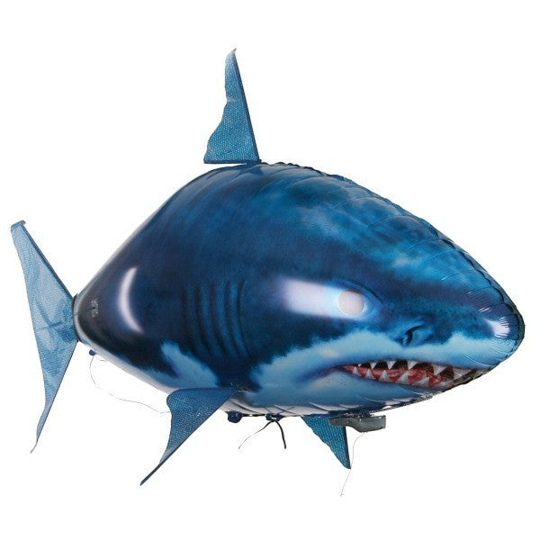 Tap Once remote control flying shark balloon made of durable blue nylon for indoor air swimming fun.