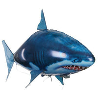 Tap Once remote control flying shark balloon made of durable blue nylon for indoor air swimming fun.
